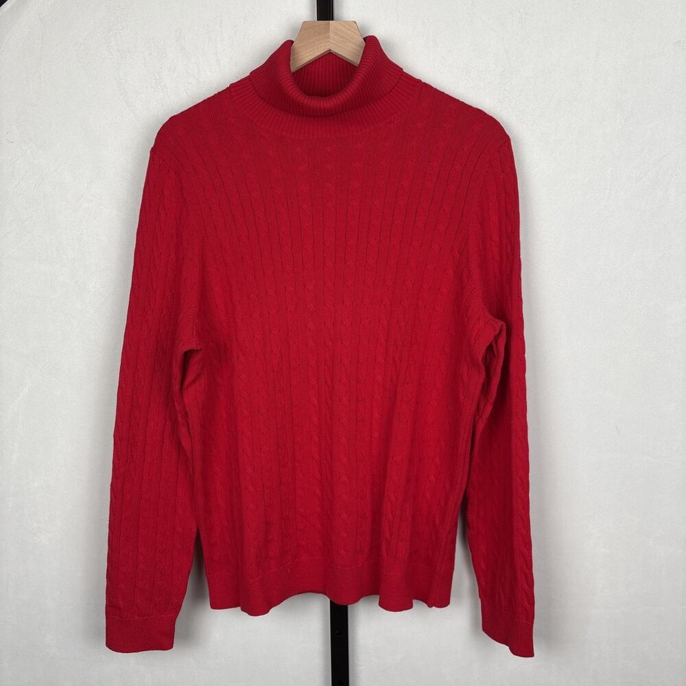 Lands’‎ End Cable Knit Sweater Women’s XL 18 Red Turtleneck 100% Cotton Stretch